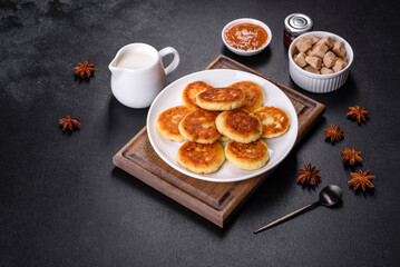 Cottage cheese pancakes with oats, syrniki on a black rustic background