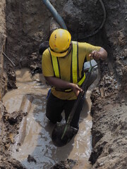 Pipe connection and repair works are being carried out by contractors