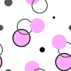 Abstract vector seamless pattern. Grey rings and circles, back and pink circles, pale pink circles