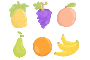 Set cartoon fruit icons pineapple, grape, peach, pear, orange, banana. symbol of summer. Flat tropic set. Vector illustration, isolated on white.