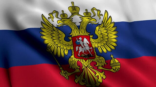 Russian Satin Flag With Coat of Arms of Russia. Waving Fabric Texture of the Flag of Russia, Real Texture Flag Kremlin Presidential Coat of Arms of Russia. Russian Eagle.