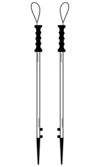 Hand drawn tracking sticks. Equipment for hiking and climbing uphill. Doodle style. Vector.