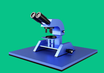 Simple microscope. Minimalistic blue microscope. Magnifying device for chemist or biologist. Researcher's microscope. Magnifying device on green. Laboratory equipment. 3d rendering.