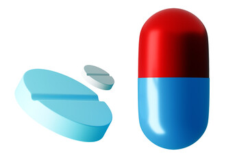 Capsules and tablets. Medical drug. Tablets for human treatment. Antibiotics on white background. Isolated vitamins for immunity. Set of pills as for health care. Drug sale concept. 3d rendering.