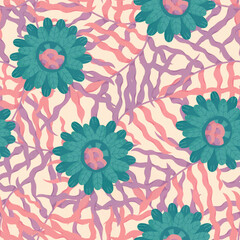 Seamless pattern with floral ornament. Raster illustration for design and printing on fabric or paper. Green flowers on a beige background. Background.