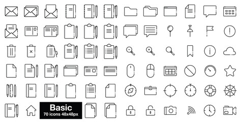 Basic 48x48px line icons. 70 vector pictograms set

