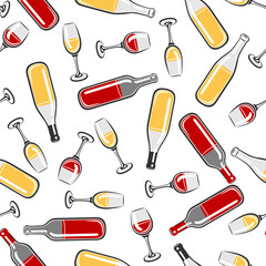 Seamless pattern with bottles and glasses of wine. Image for restaurants and bars.