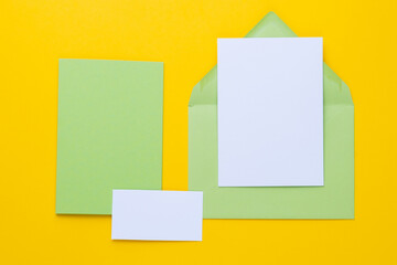 Set of branding elements in yellow and green colour. Mock up for graphic designers presentations or business portfolios.