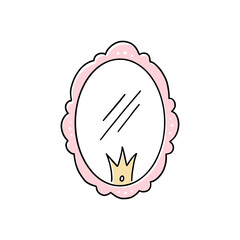 Princess crown mirror frame. Hand drawn doodle mirror with crown for baby princess decorate border. Vector illustration.