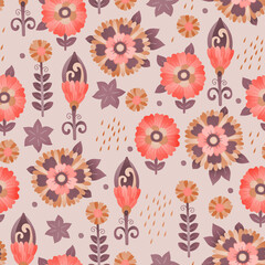 Seamless pattern. Bright background with floral ornaments. Raster illustration for fashion design, packaging, wrapping or scrapbooking. Printing on paper or fabric.