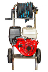 Gasoline engine on a mobile industrial installation for sewer pipeline cleaning.