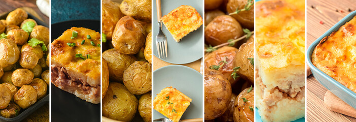Collage with different dishes from baked potato