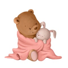 bear and hare hugs in the blanket, watercolor style illustration, children's room wall sticker
