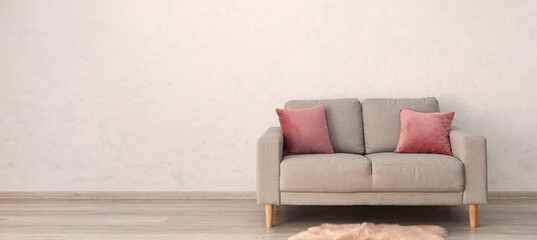 Stylish cozy sofa near light wall in living room