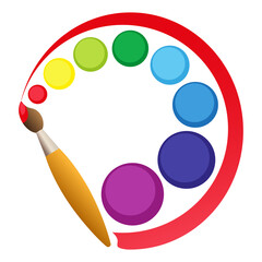 The brush draws with red paint, a set of colored paints. Vector icon, creativity, art, hobby, sale, packaging, logo design. Vector illustration.