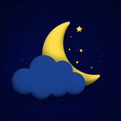 Cute night sky background with 3d cloud, moon and stars. Square composition.