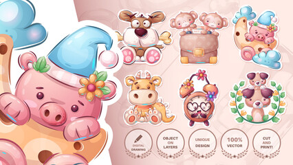 Set cartoon - dog, puppy, bone, monkey, diplomate, moon, pig, dino, clock, pug