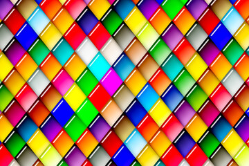 3D wallpaper of colorful shiny shapes. looks like water drop on the shapes or diamond style. trendy creative design of squares for the background.