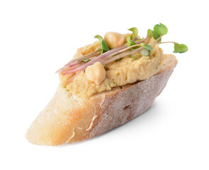Piece of bread with tasty hummus on white background