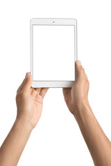 Male hands with modern tablet computer on white background