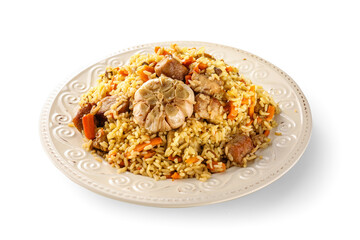 Plate of traditional pilaf on white background