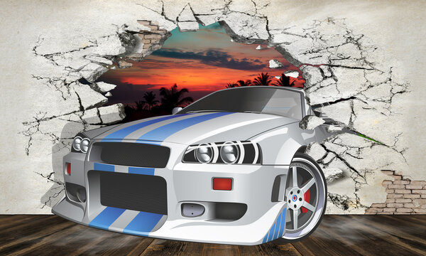 3d image of a sports car on the background of destroyed wallpaper on the wall. A sports car drives into the room. 3d photo wallpapers.