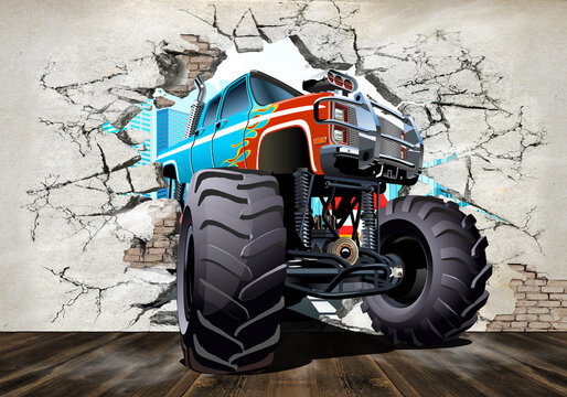 3d picture. The car breaks through the wallpaper on the wall. Jeep 3d illustration.