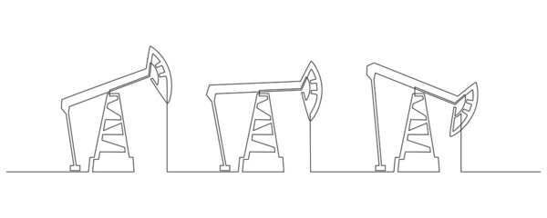 One continuous line drawing of oil pump jack. Drilling rigs icon petroleum production and trade industry in simple linear style. Non-renewable energy concept. Editable stroke. Vector illustration