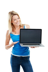 Everything you need is just a click away. Shot of a young woman holding a laptop against a white background.