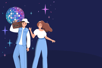Positive young people on the background of a nightclub with a disco ball. Retro disco, night club, party, music background with people in vintage style. A man with a tape recorder. Vector.