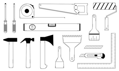 Hand drawn set of tools for home and apartment repairs. Doodle style. Vector.