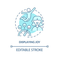 Displaying joy turquoise concept icon. Showing pleasure. Charismatic people traits abstract idea thin line illustration. Isolated outline drawing. Editable stroke. Arial, Myriad Pro-Bold fonts used