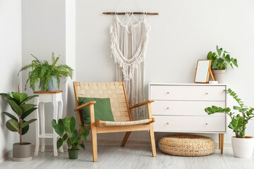 Comfortable armchair, chest of drawers and houseplants near white wall