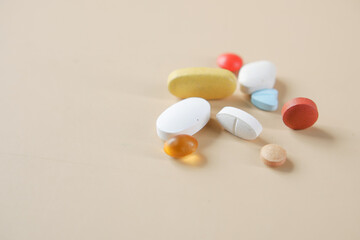 Close up of many colorful pills and capsules 