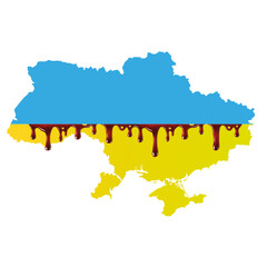 War in Ukraine. Outline map of Ukraine in flag color with drops of blood. Ukraine is bleeding. Vector illustration