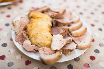 set of cold cuts of cooked chicken and pork meat on plate
