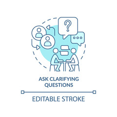 Ask clarifying questions turquoise concept icon. Step to charisma abstract idea thin line illustration. Isolated outline drawing. Editable stroke. Arial, Myriad Pro-Bold fonts used