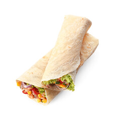 Tasty burritos with meat on white background
