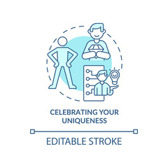 Celebrating your uniqueness turquoise concept icon. Charisma benefit abstract idea thin line illustration. Isolated outline drawing. Editable stroke. Arial, Myriad Pro-Bold fonts used