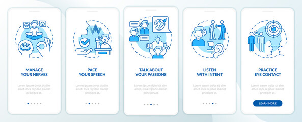 Fototapeta na wymiar Steps to charisma blue onboarding mobile app screen. Charismatic person walkthrough 5 steps graphic instructions pages with linear concepts. UI, UX, GUI template. Myriad Pro-Bold, Regular fonts used