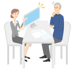 人材紹介会社に行き、定年後に仕事の斡旋を受けるシニア男性