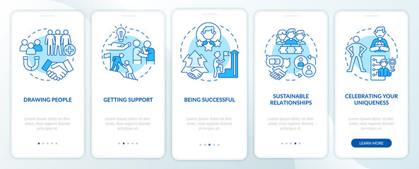 Charisma benefits blue onboarding mobile app screen. Attract people walkthrough 5 steps graphic instructions pages with linear concepts. UI, UX, GUI template. Myriad Pro-Bold, Regular fonts used