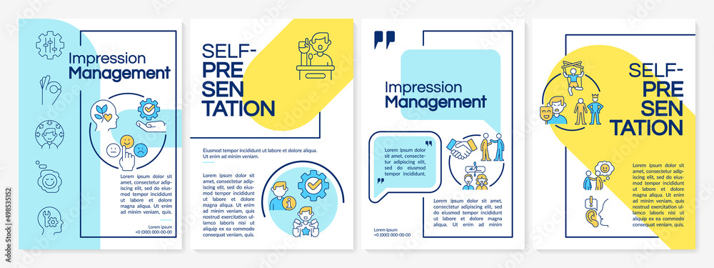 Wall mural Impression management techniques blue and yellow brochure template. Leaflet design with linear icons. 4 vector layouts for presentation, annual reports. Questrial, Lato-Regular fonts used