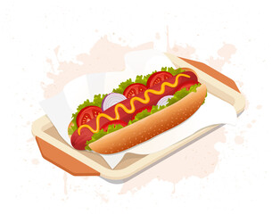 Hot Dog Vector illustration with paper wrap and wooden tray