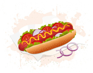 Hot dog fast food vector illustration with onions rings on white background