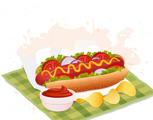 Hot dog  fast food vector illustration with tomato sauce and potato chips