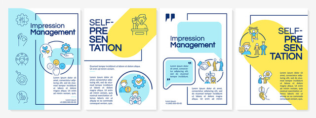 Impression management techniques blue and yellow brochure template. Leaflet design with linear icons. 4 vector layouts for presentation, annual reports. Questrial, Lato-Regular fonts used