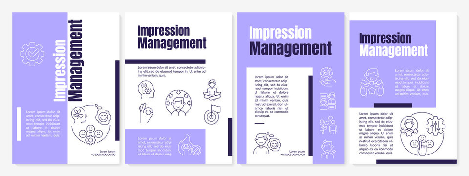Impression management purple brochure template. Practical steps. Leaflet design with linear icons. 4 vector layouts for presentation, annual reports. Anton, Lato-Regular fonts used