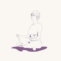 Young girl sitting in yoga lotus pose. Happy relaxed female character performing meditation exercise. Sport fashion girl outline in urban casual style.