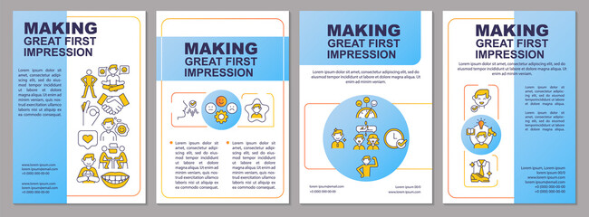 Making great first impression blue brochure template. Leaflet design with linear icons. 4 vector layouts for presentation, annual reports. Arial-Black, Myriad Pro-Regular fonts used - obrazy, fototapety, plakaty
